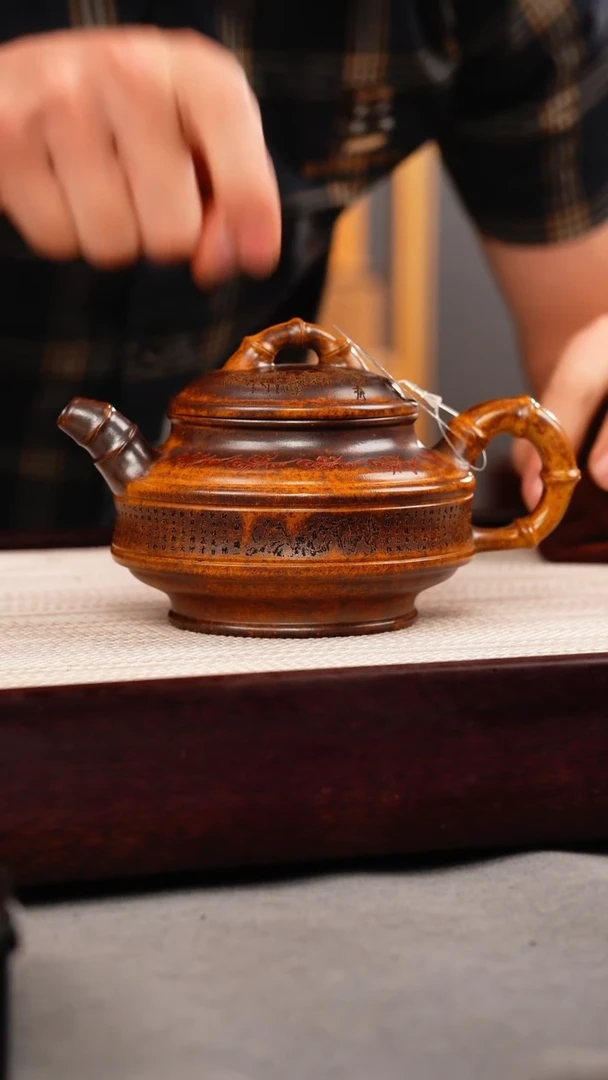 茶杯紫砂龙骨金砂 双线竹鼓 刻绘