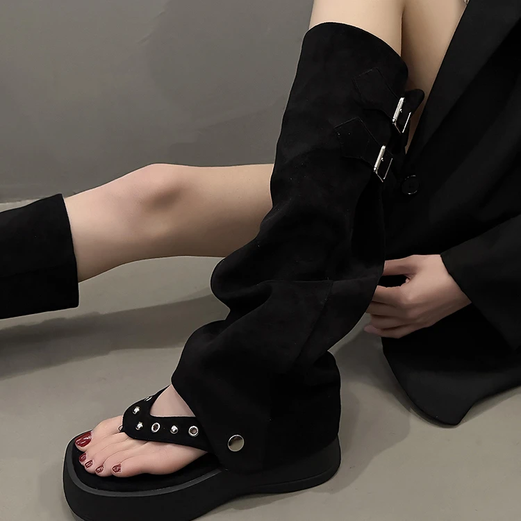 两穿夹趾长筒靴女2025春夏新款薄厚底增高人字拖裤管堆堆镂空长靴