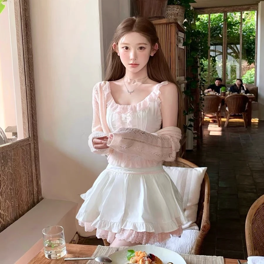 【甜文体验卡】甜美少女穿搭粉蕾丝吊带上衣女配双层蓬蓬短裙套装