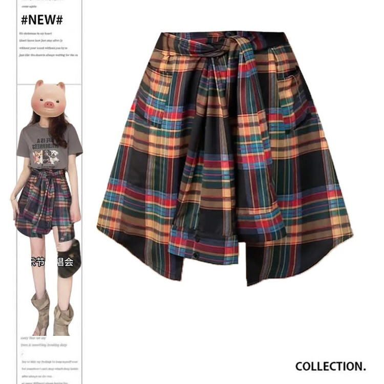 大码设计感高腰显瘦辣妹休闲格子短裙女春季新款格纹不规则衬衫裙