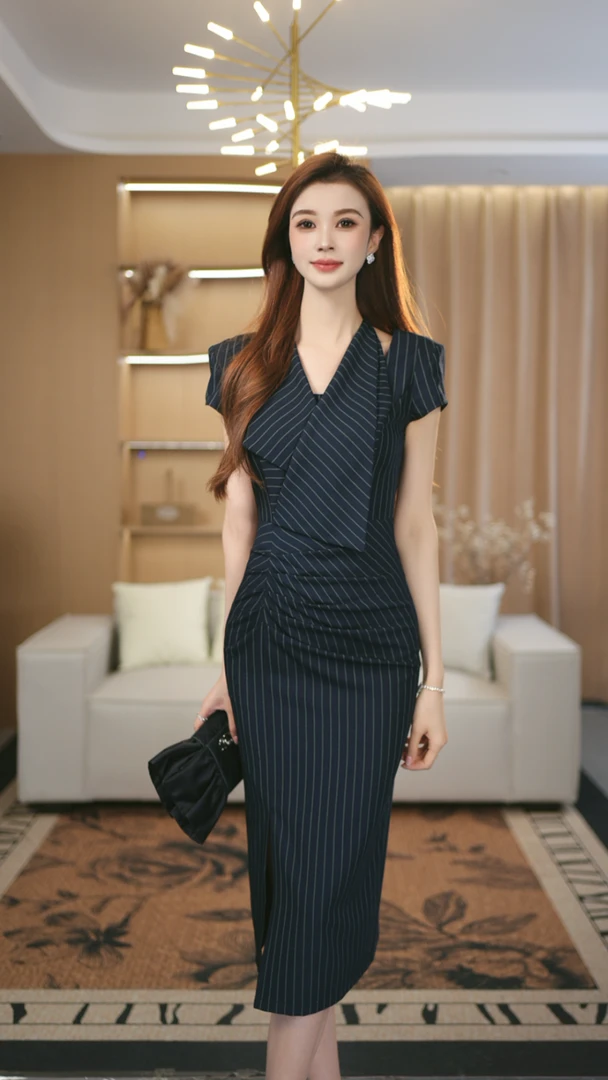 罗曼定制 高定原创藏青色高级感收腰褶皱包臀连衣裙女气质名媛