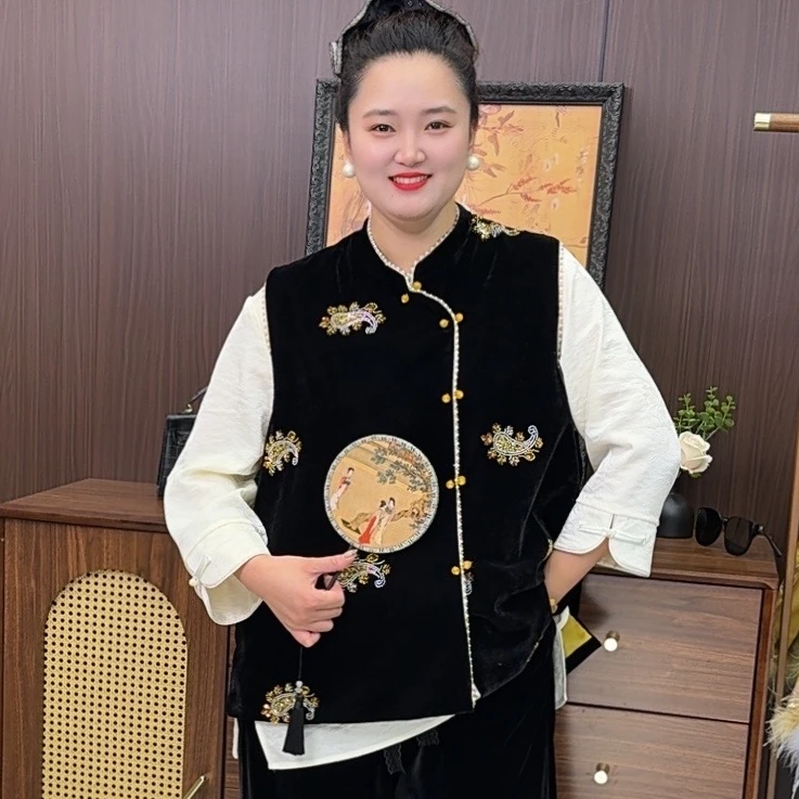 大码女装早秋款立领常规马甲新中式重工亮片刺绣时尚马夹