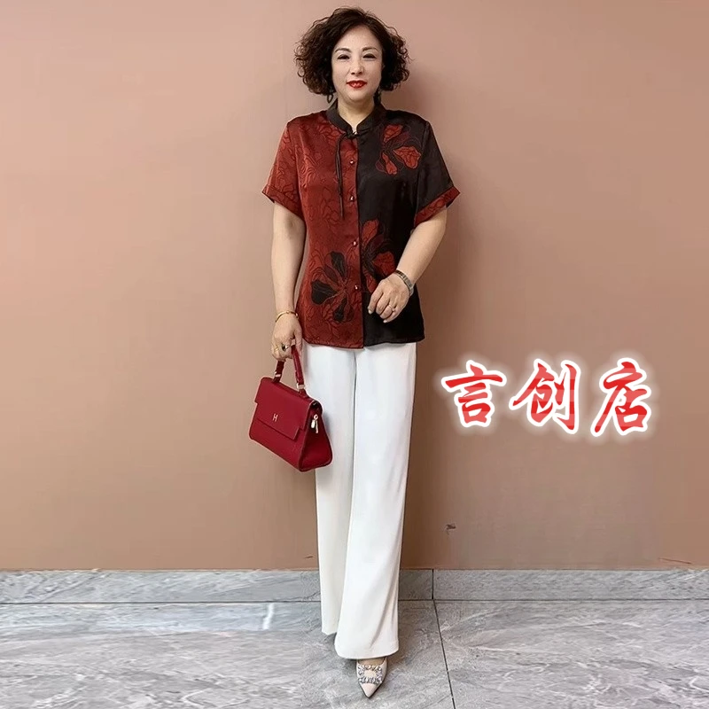 8611新中式国风妈妈真丝套装夏季新款宽松短袖衬衫裤子减龄两件套