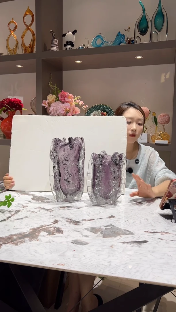 烟紫色气泡琉璃花瓶一对