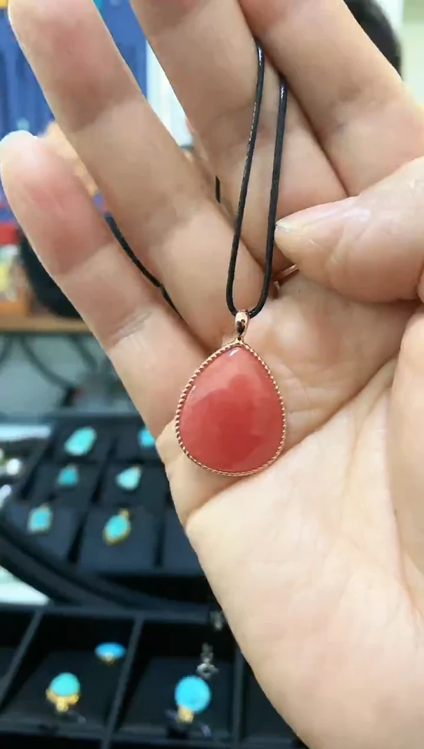 菱锰矿（红纹石）银S925镀金镶嵌颈饰吊坠