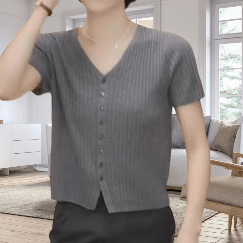 灰色V领宽松针织衫上衣女夏新款减龄通勤百搭纯色高级感短袖