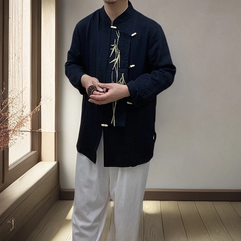新中式竹刺绣立领设衬衫外套大码宽松长袖衬衣男女款古风中式休闲