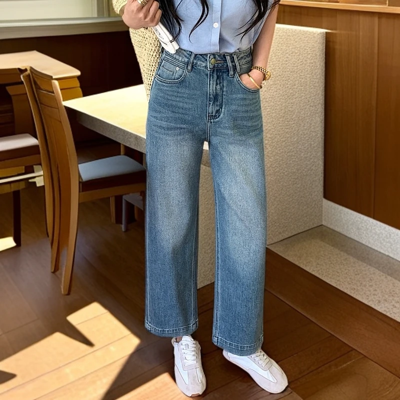 【谜使】.春季新款高品质显瘦百搭蓝色九分窄版直筒牛仔裤女