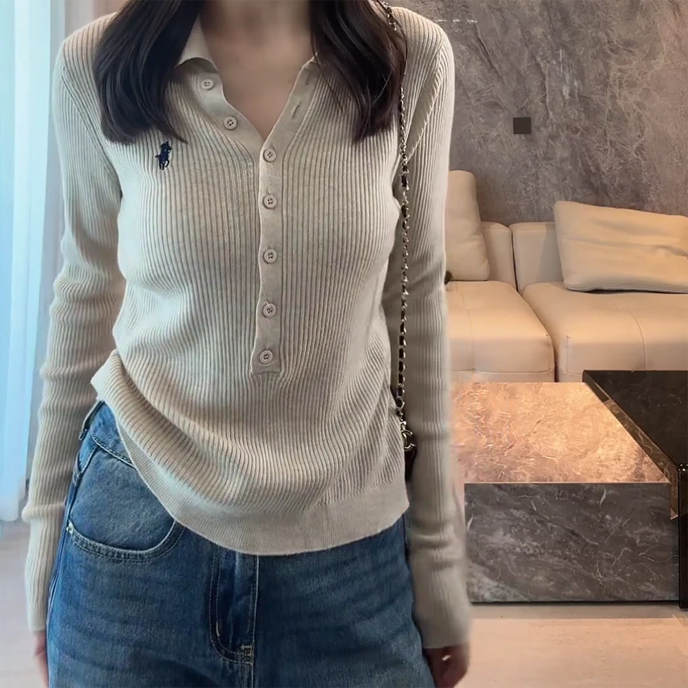 高级感老钱风排扣翻领针织衫女修身显瘦上衣C5958