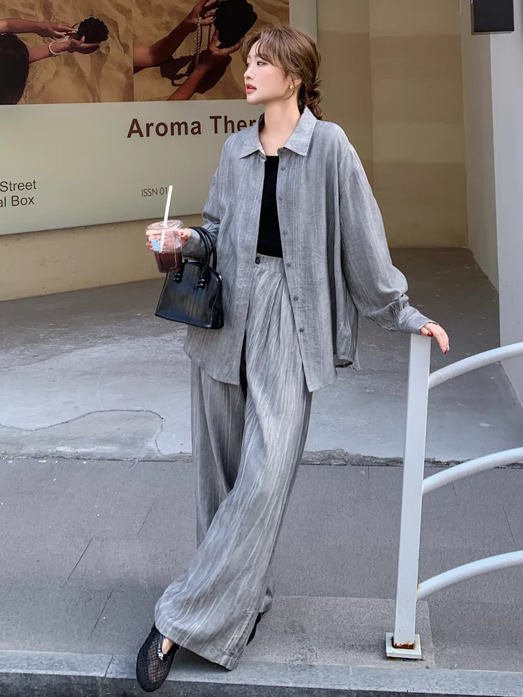 灰色高级松弛感穿搭套装女2025秋季新款气质轻薄衬衫阔腿裤两件套