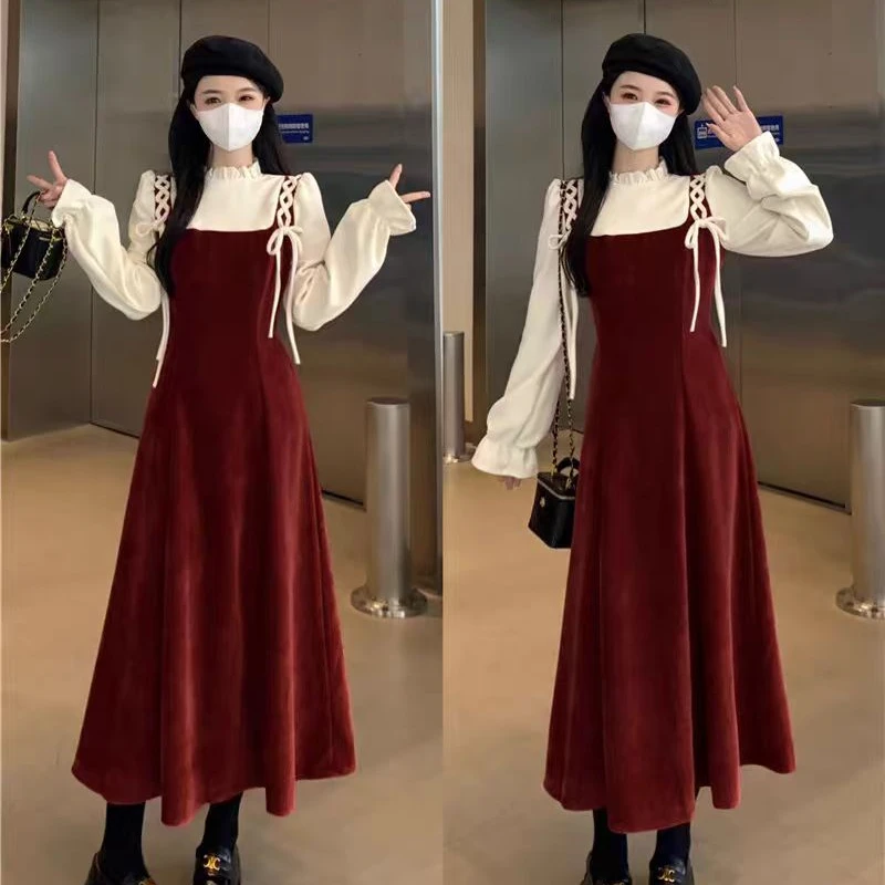 （现货清货）复古假两件连衣裙女秋冬新款长裙收腰显瘦拼接裙子1690