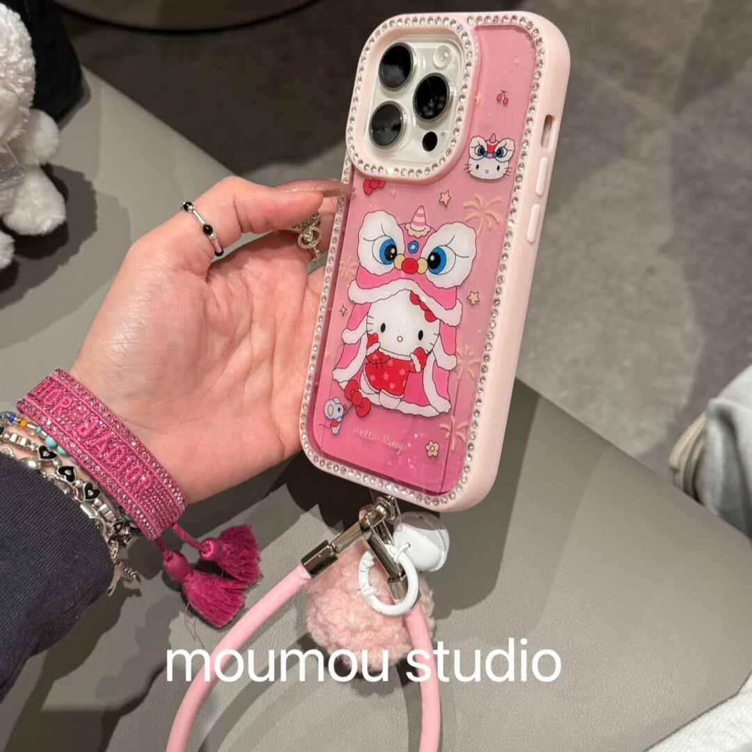 边框点钻新年舞狮kt猫适用苹果16手机壳iphone15可爱14promax女13