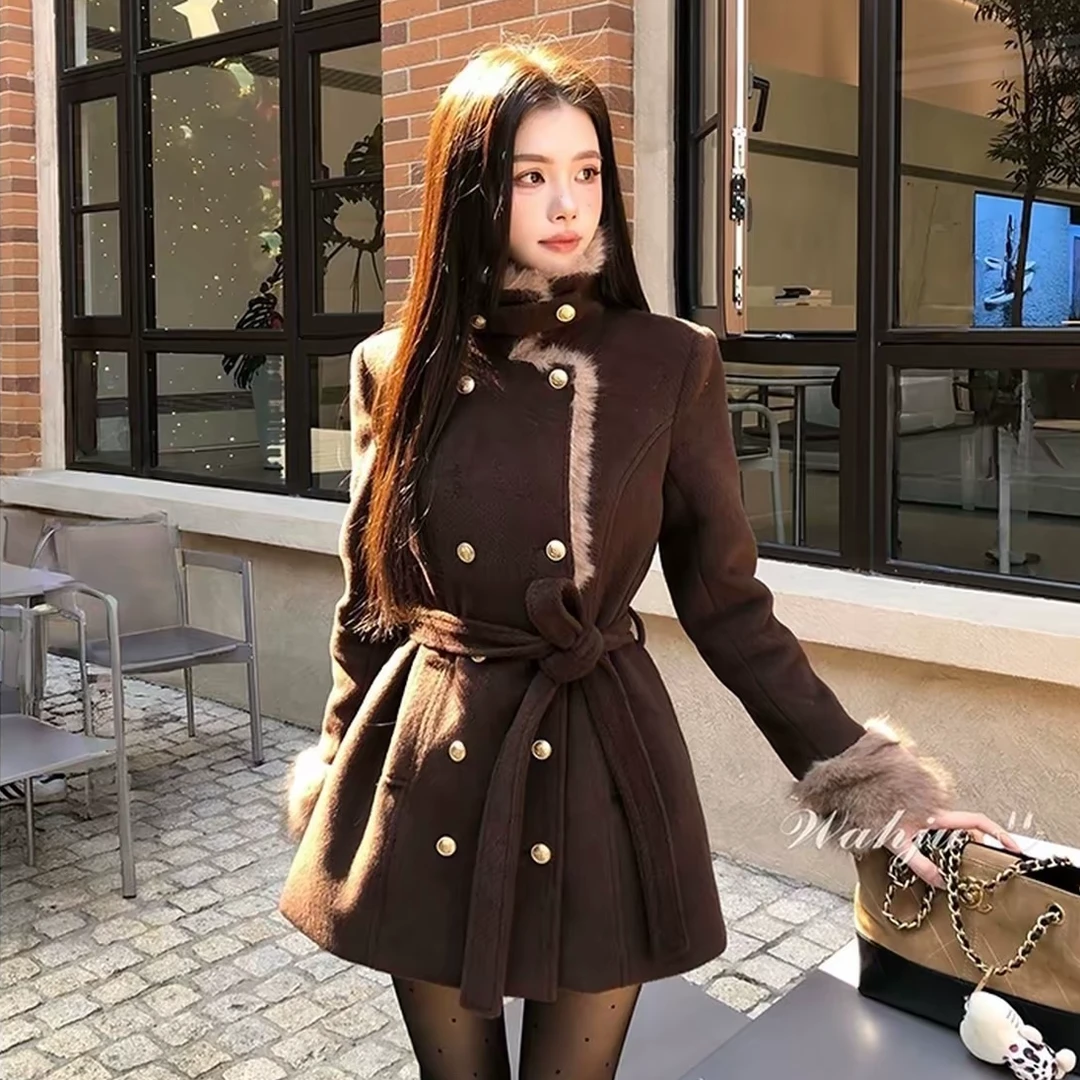 【古着秀场】秋冬新款甜美纯欲风千金氛围感系带收腰双排扣毛呢外套