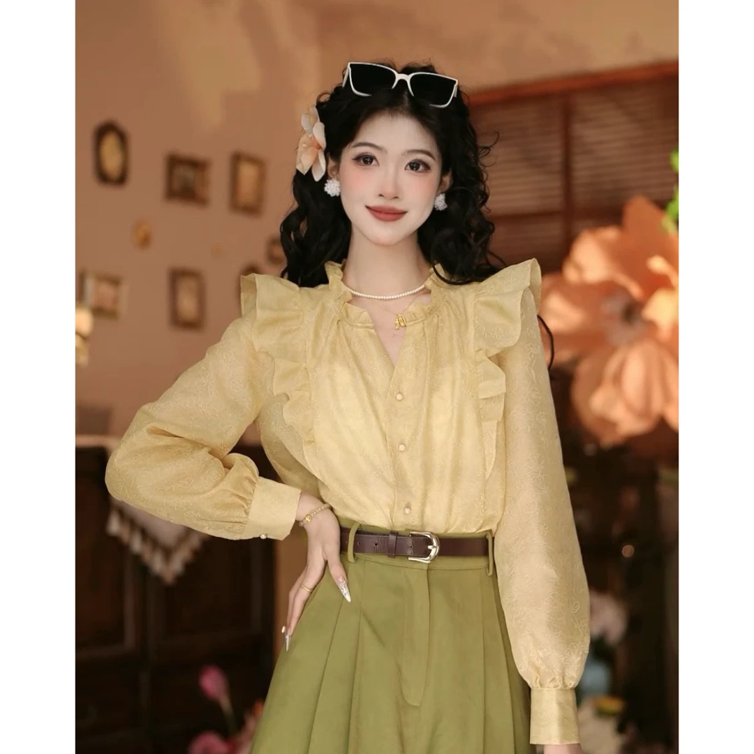 小妍【珠光香槟】港味复古显瘦气质设计感上衣31736