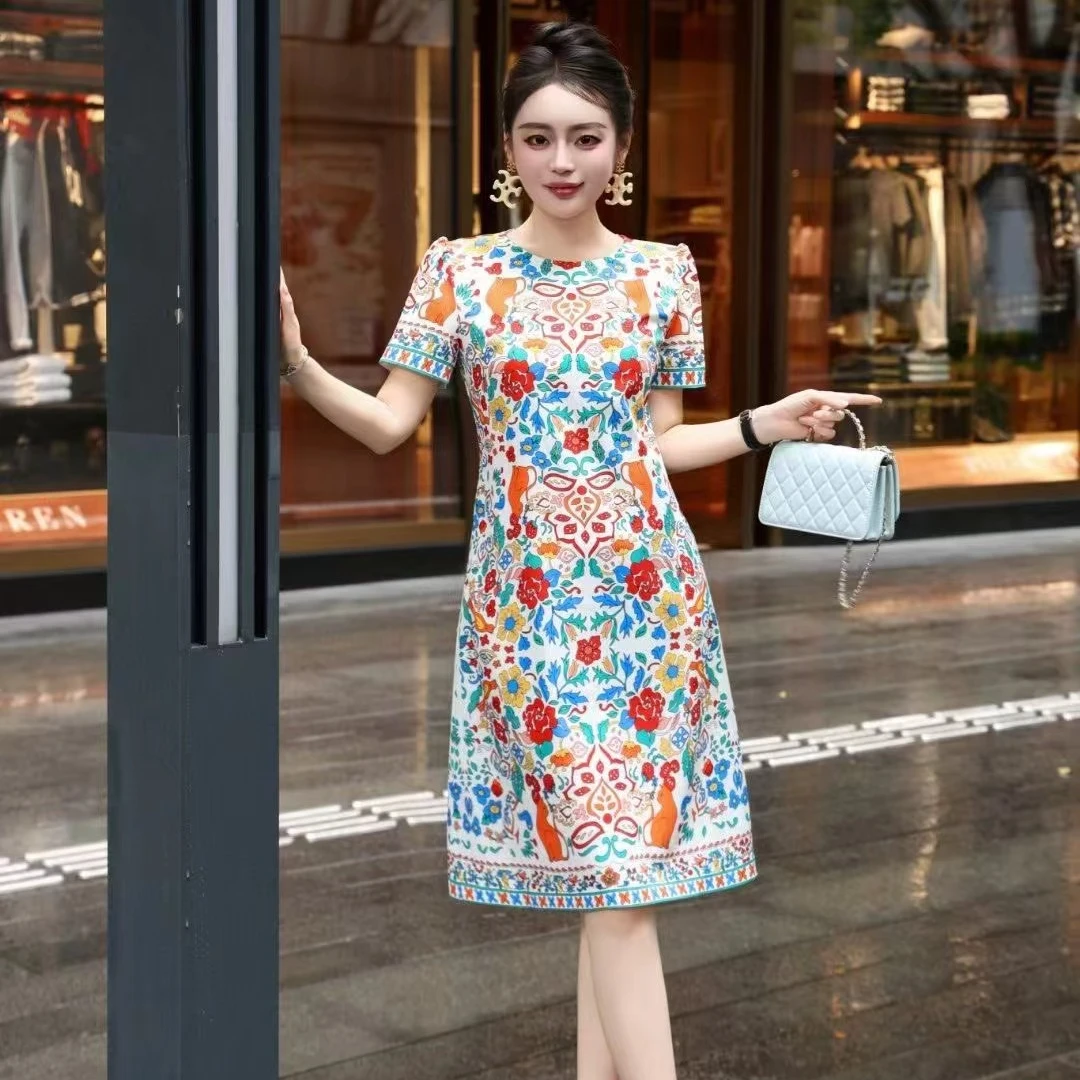 M52D083慕之淇高级感复古印花宽松版气质优雅A字连衣裙