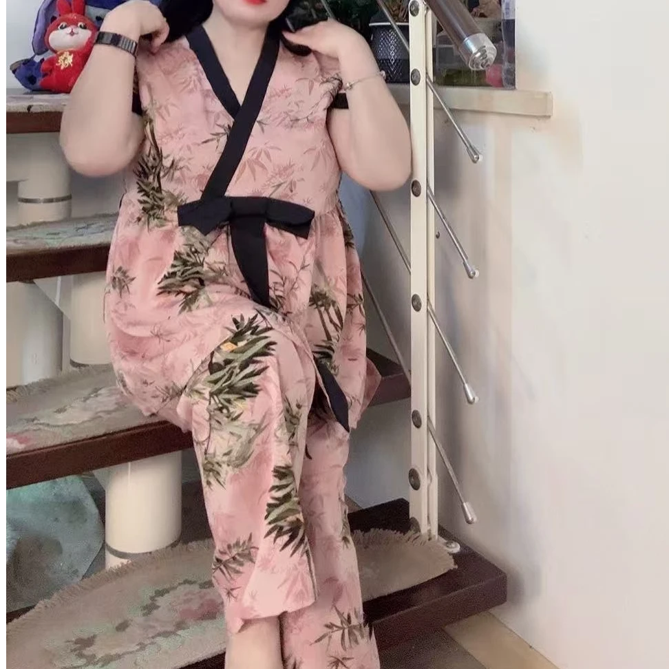 春季新款时尚高档蝴蝶结睡衣女士休闲舒适大码显瘦套装家居服半袖