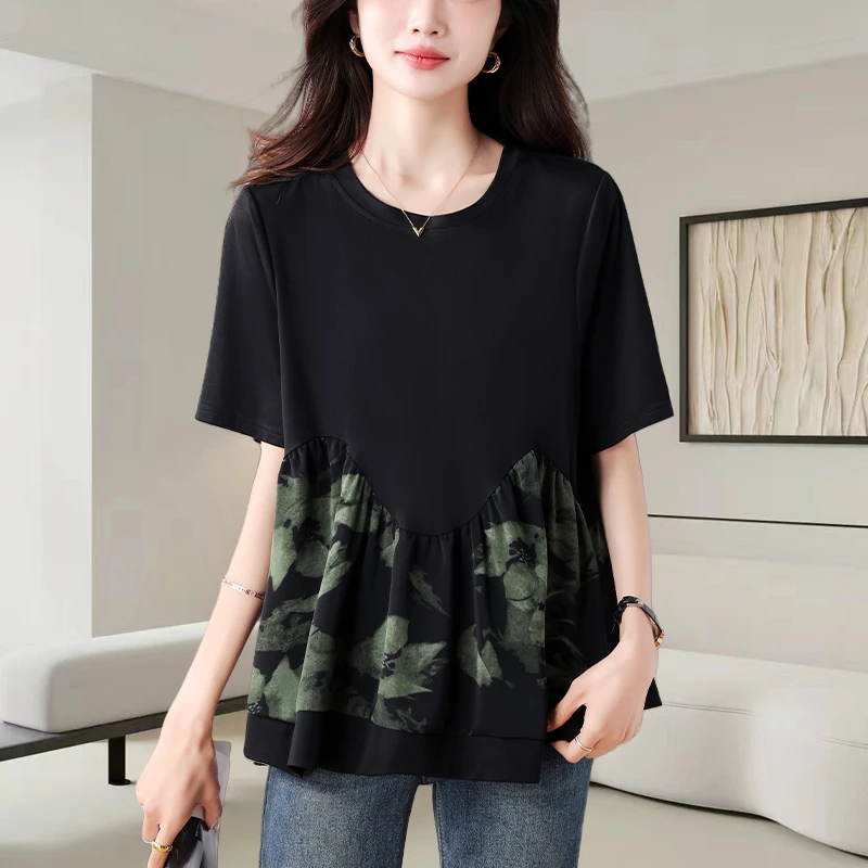 设计感印花拼接短袖t恤女2025夏季新款宽松遮肚显瘦气质小衫上衣