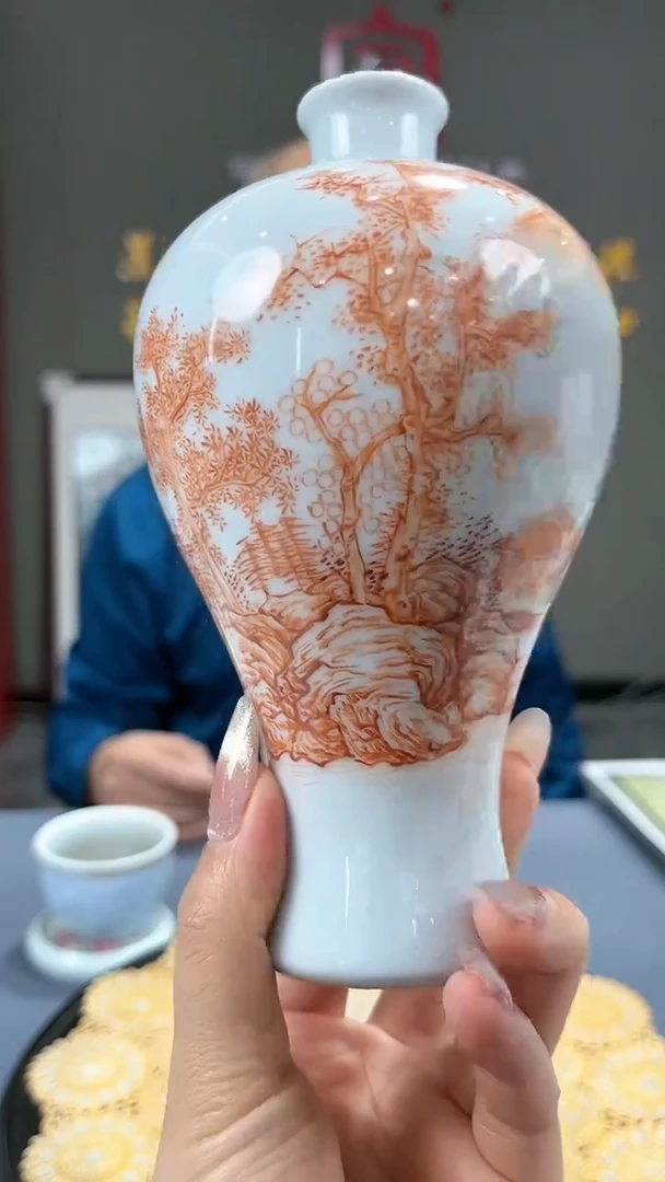 【闪购商品】官窑瓷画院528官窑瓷画院矾红山水梅瓶