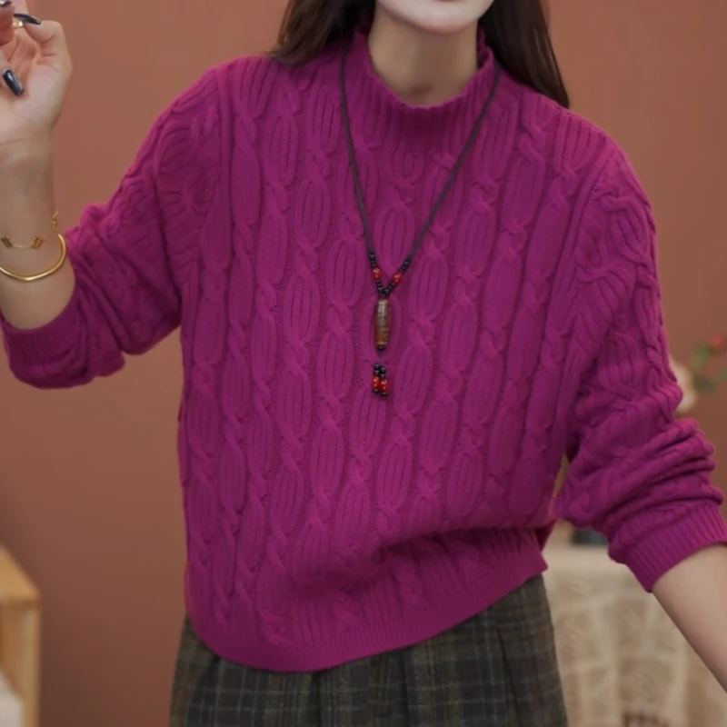 新款秋冬半高领休闲洋气宽松麻花辫加厚针织上衣LK2508516