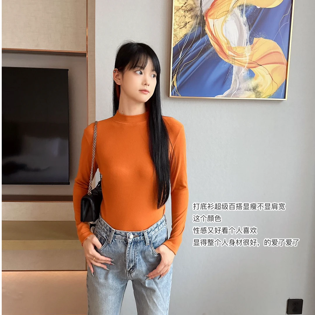 半高领打底衫女内搭长袖2024秋冬季纯棉紧身时尚洋气上衣针织