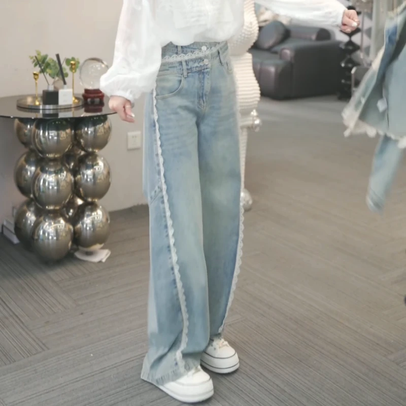 【万象更新】春季新款时尚休闲直筒蕾丝拼接牛仔裤LK2501522