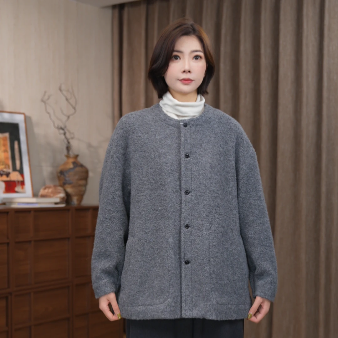 CHENGRAN<灰雅>上衣女装长袖针织宽松厚款女秋冬毛呢外套条纹连帽