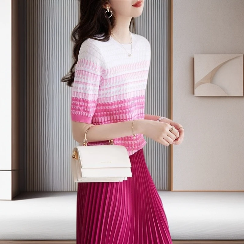 【雅岚女装】时尚洋气显瘦双曲冰麻线衫春秋季新款圆领撞色气质女