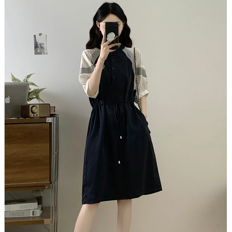 大码女装2025夏季新款胖MM气质复古简约条纹拼接收腰半袖连衣裙