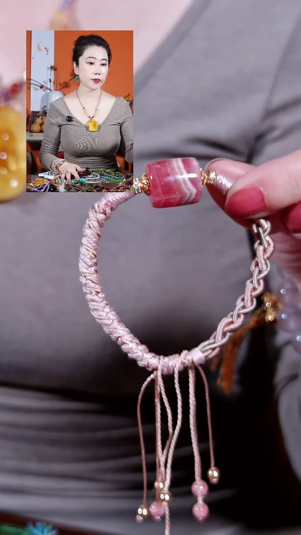 银S925镶嵌菱锰矿（红纹石）手链路路通手链