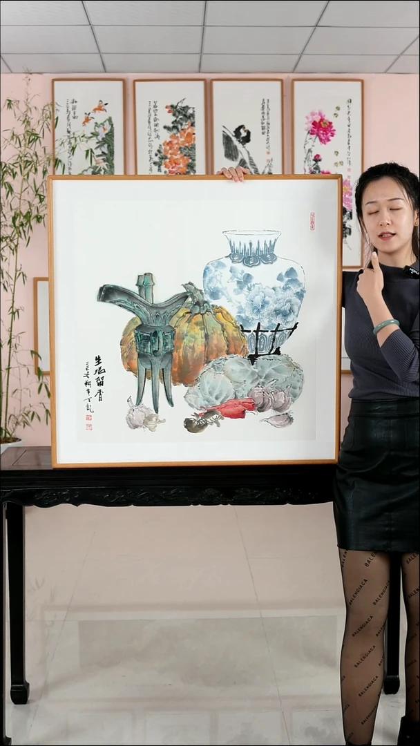 国画阿里丁《生活留香》手绘带框82*82厘米