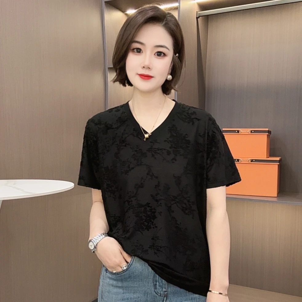 愔衣韵&冰蚕丝提花V领T恤短袖 休闲显瘦春夏款上衣