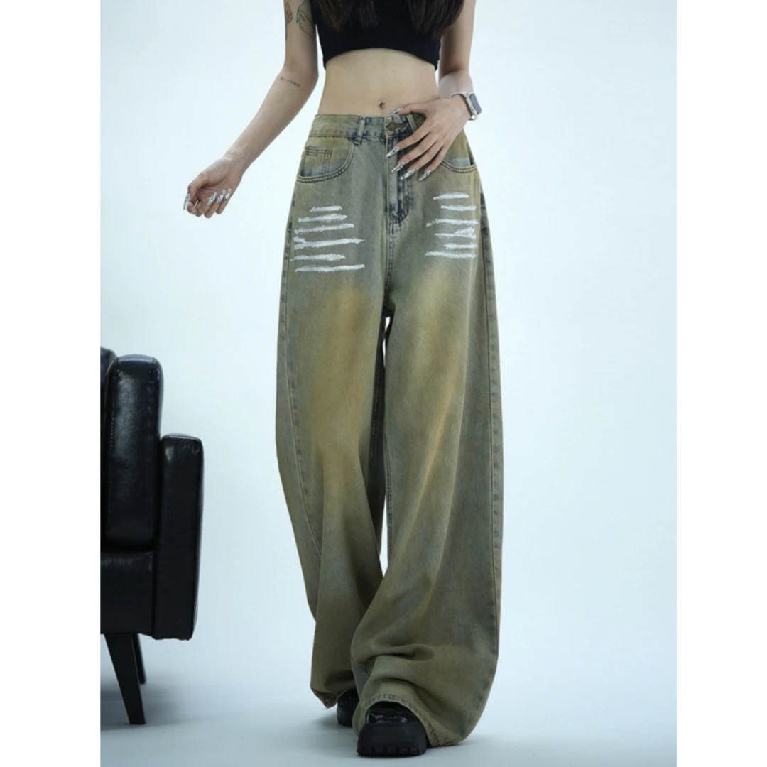 脏脏色横条纹阔腿牛仔裤女2025新款高腰宽松直筒垂感拖地裤子