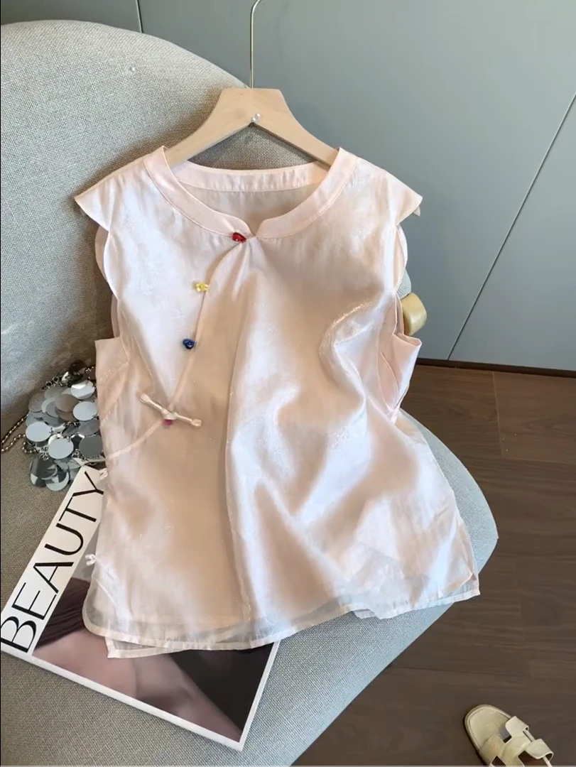 新中式彩色斜襟盘扣背心女夏款小个子甜美减龄百搭国风无袖上衣