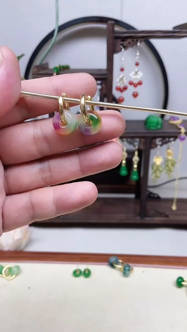 翡翠14K金镶嵌耳饰122号春彩