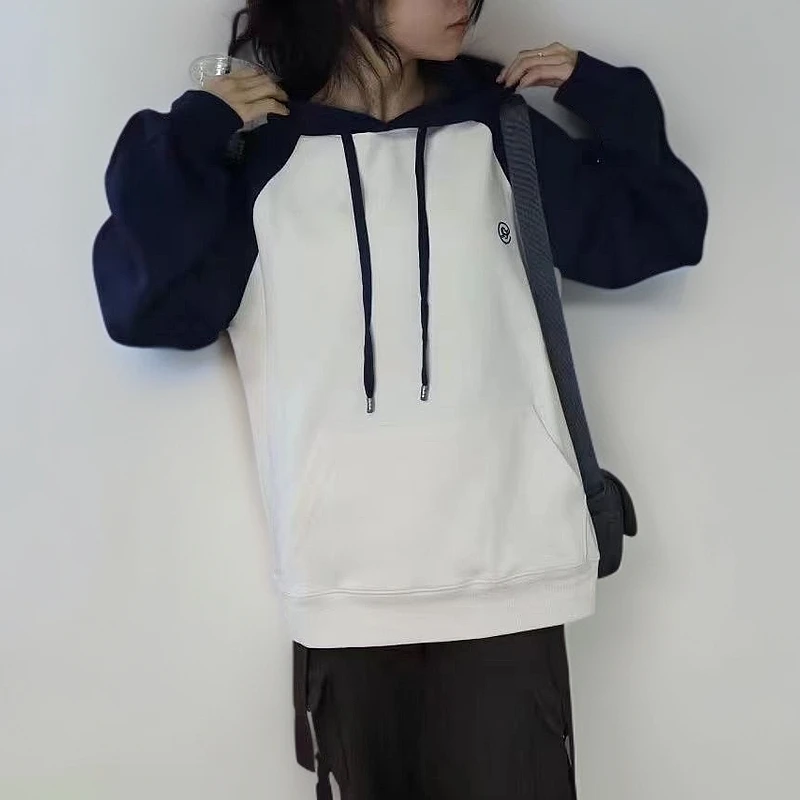 3800-秋季新款撞色连帽卫衣 男女同款时尚休闲百搭拼接带帽拼色