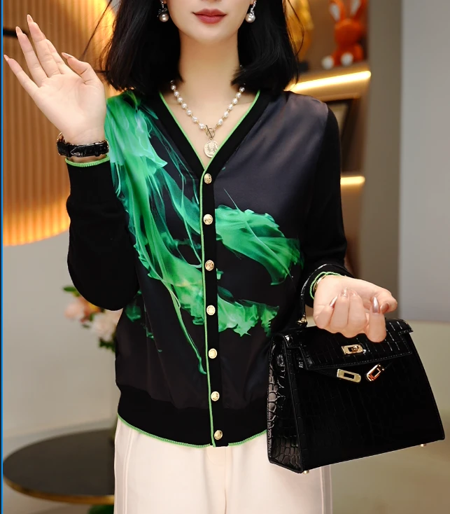 早秋新品重奢桑蚕丝印花长袖时尚开衫气质V领休闲通勤女上衣-