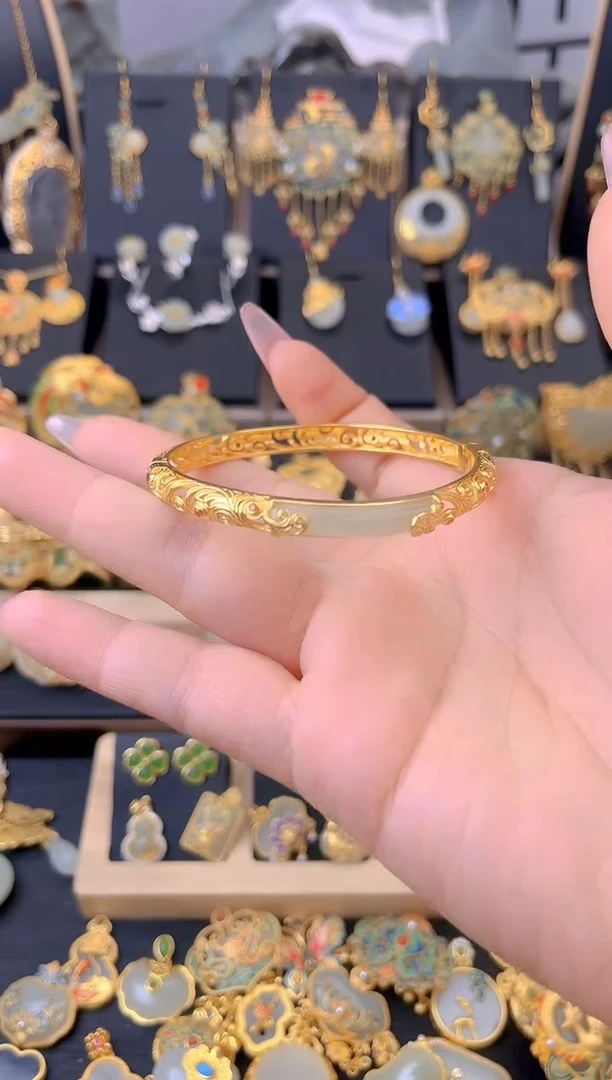 【闪购商品】和田玉手镯银S925镀金镶嵌花丝镂空手镯