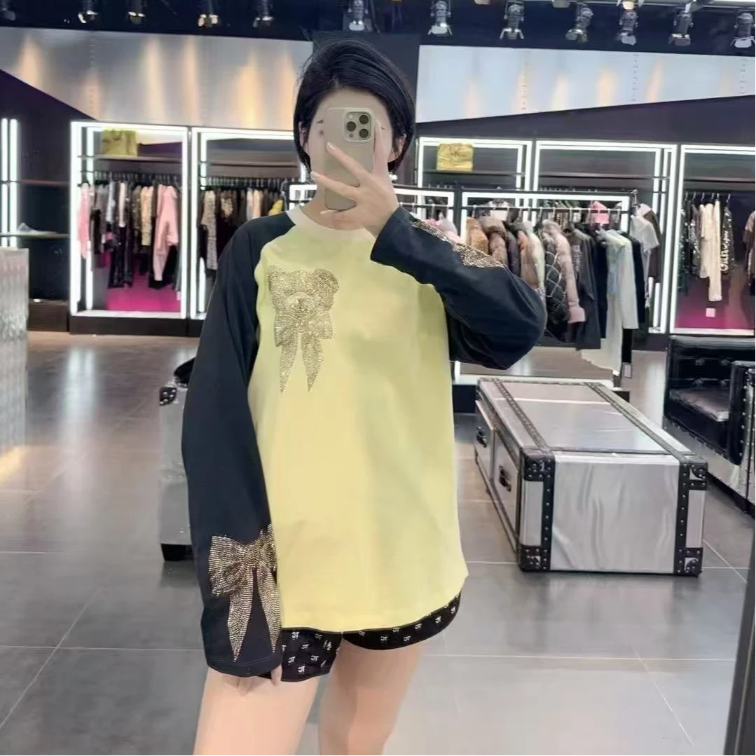 《店播专用》潮牌时尚新款烫钻撞色长袖T恤上衣T75A088017