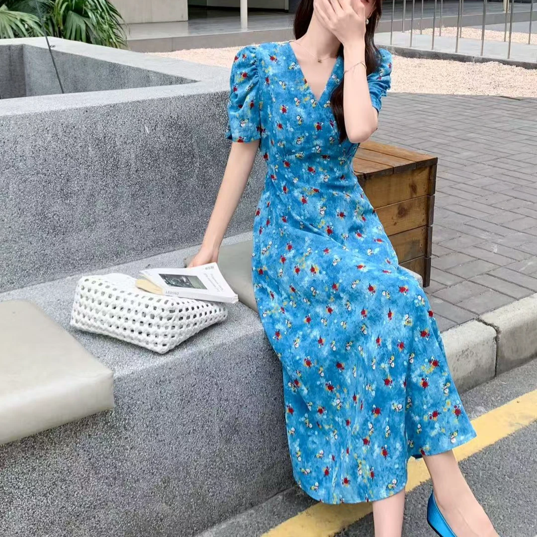 【锦衣服饰】YZY 2570法式度假风V领碎花收腰连衣裙