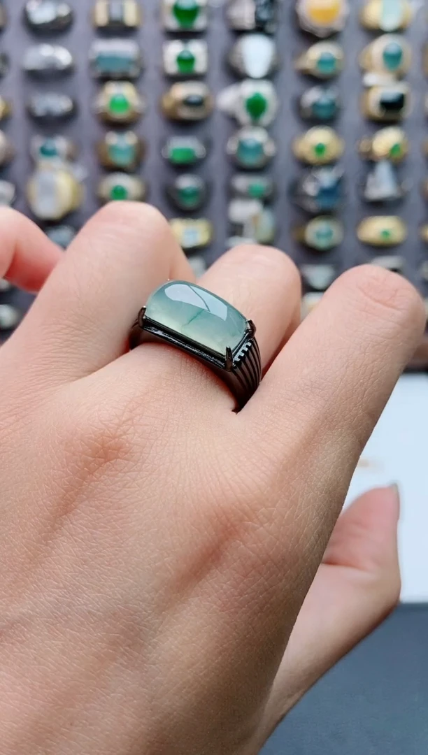 银S925镶嵌戒指翡翠天然翡翠男戒