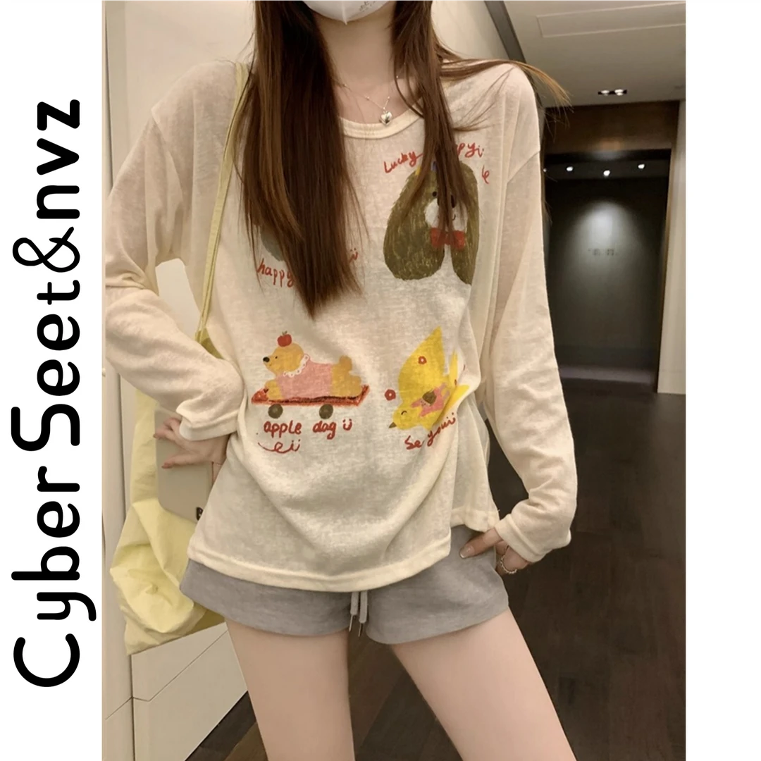 CyberSweet/夏季薄款卡通印花长袖T恤女chic防晒罩衫打底减龄上衣