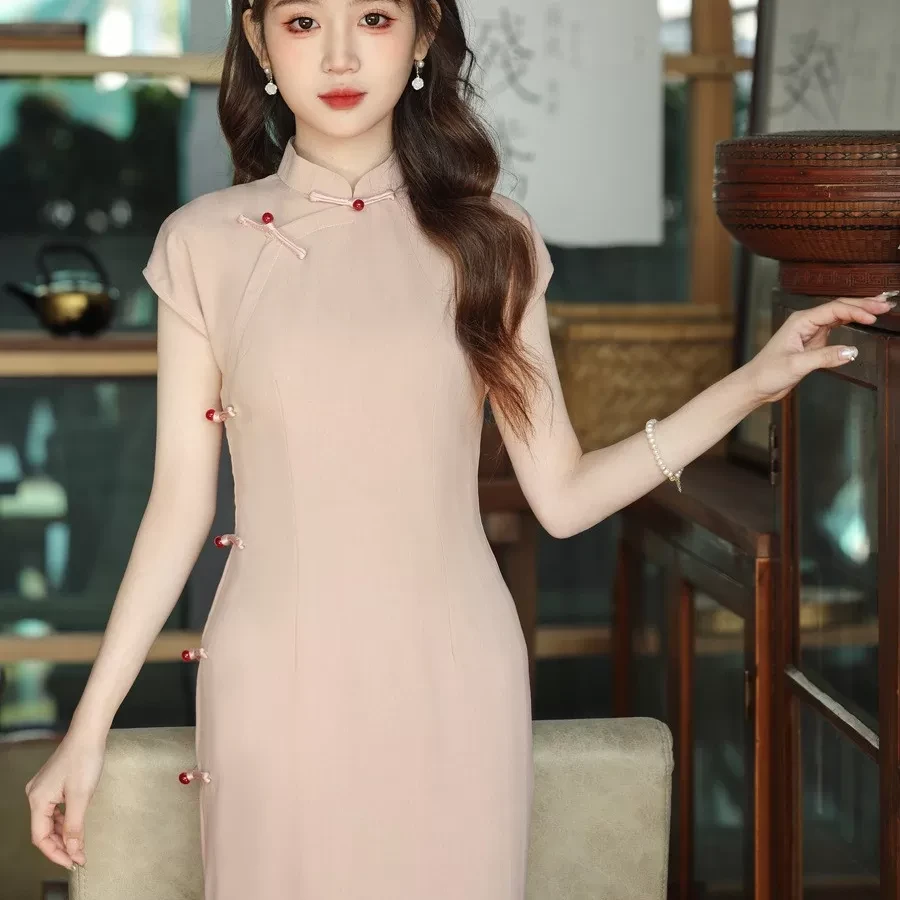 082，粉丝后拉链，日常气质新中式中国风苏州旗袍，