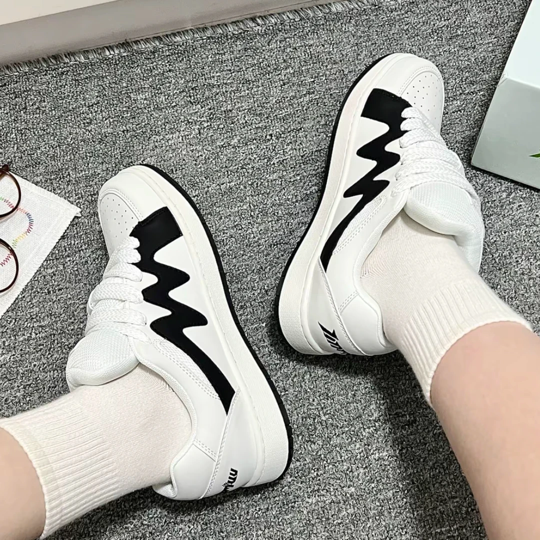 天牧厚底增高黑白配色波浪面包鞋系带休闲鞋学院时尚潮流男鞋