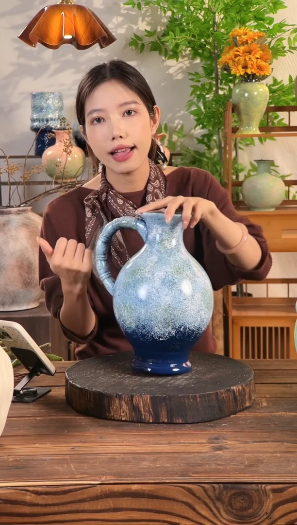 【蔚蓝海岸-圆口大肚提壶】桌面落地陶瓷花瓶干花鲜花客厅插花摆件