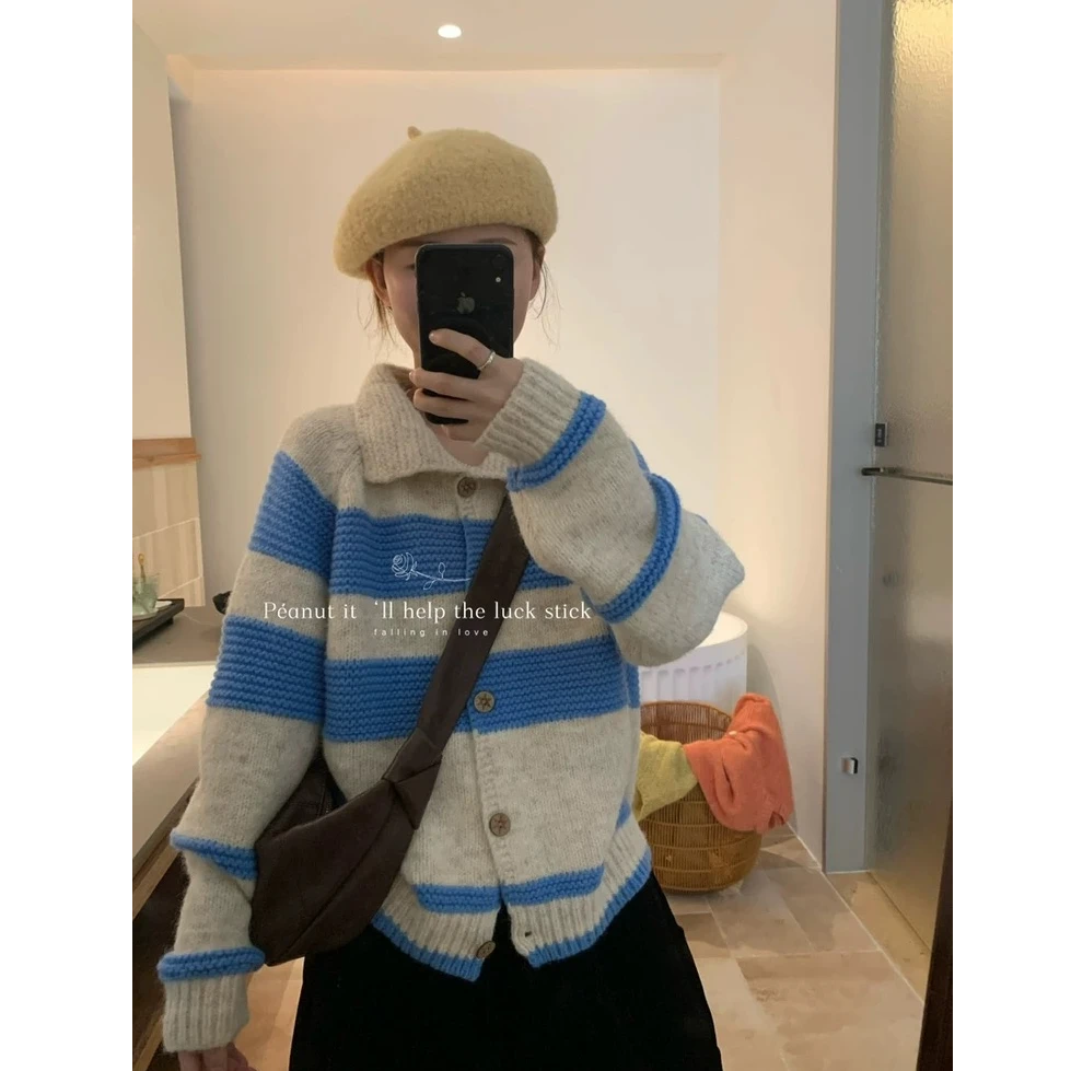 1396韩系百搭软糯翻领撞色蓝条纹毛衣开衫女秋新款宽松外穿长袖