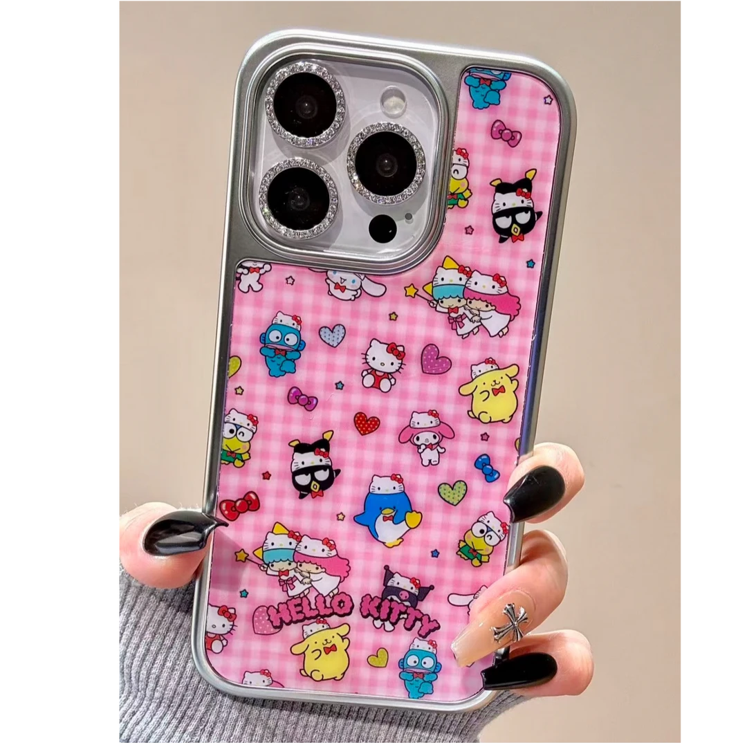 卡通可爱格纹三丽鸥碳纤维玻璃适用苹果16pro/iPhone15手机壳14女