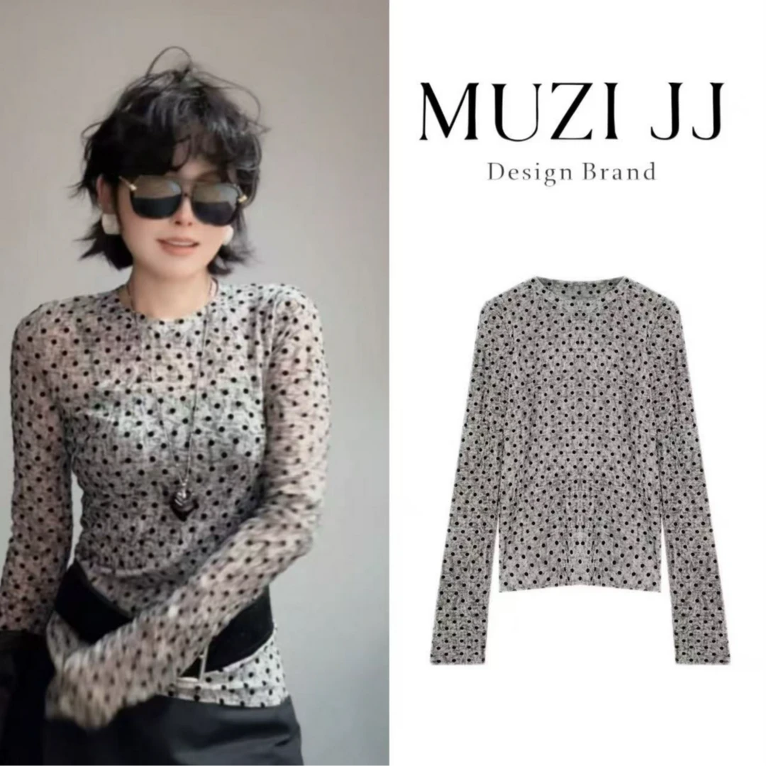 MUZI-S511282#时尚简约气质百搭休闲波点长袖T恤