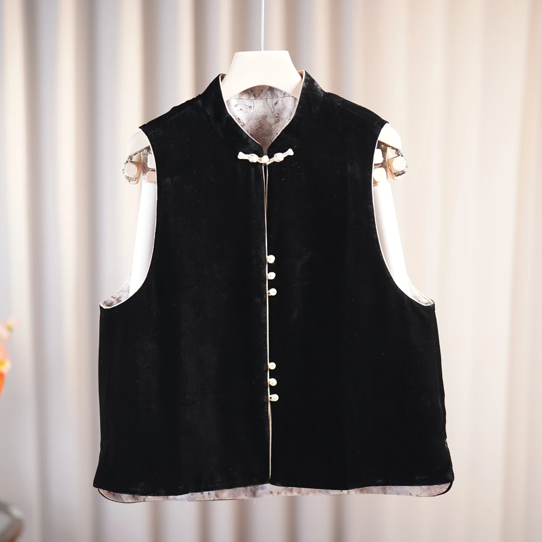 悦琳-250077新中式宋锦丝绒桑蚕丝中国风复古国风气质马甲女装