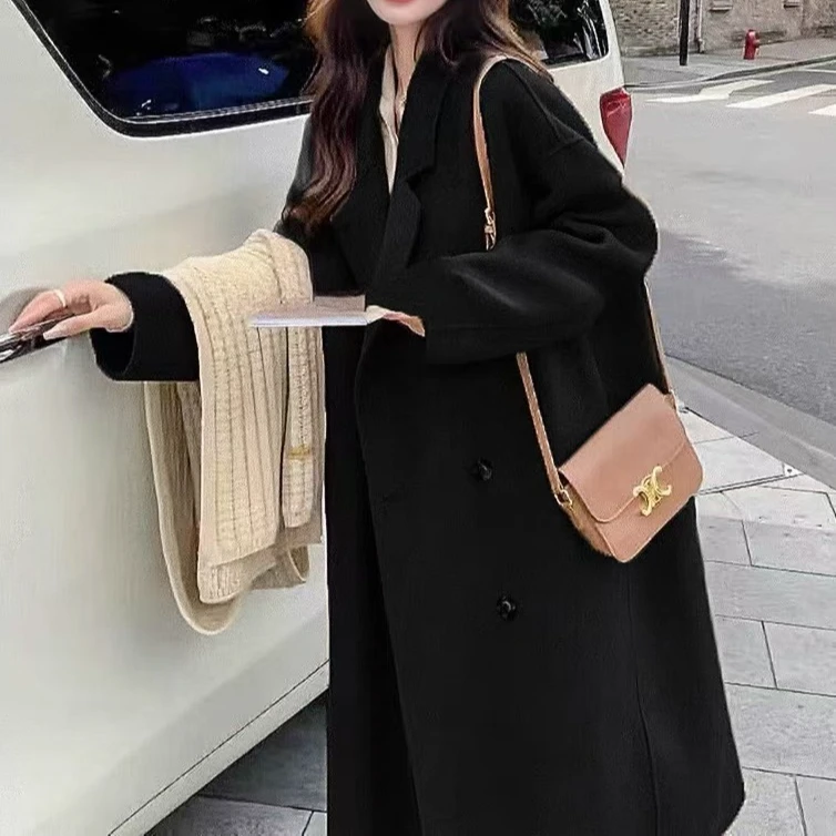 【漫游冬日】微胖大码显瘦韩系赫本风黑色毛呢大衣宽松网红