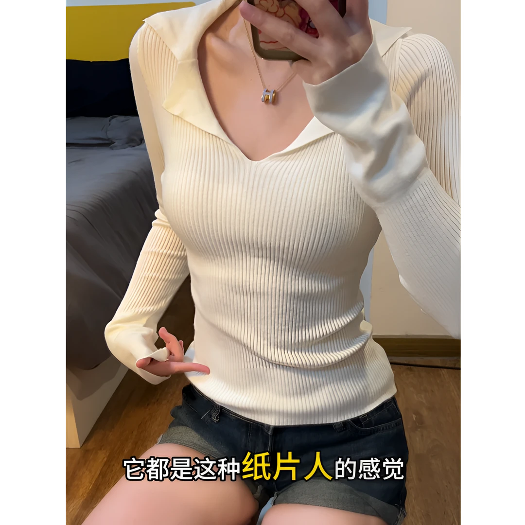 气质小众针织衫秋冬季2025新款设计感打底衫修身显瘦polo领上衣女